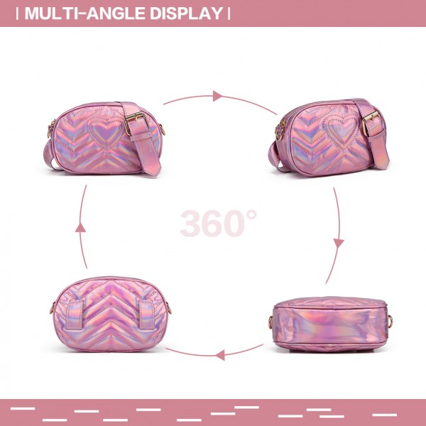 LH6834 - Miss Lulu Quilted Heart and Chevron Cross Body and Bum Bag - Iridescent Pink